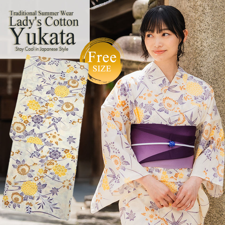 Women's Cotton Yukata, Casual Summer Kimono -Light Beige Base with