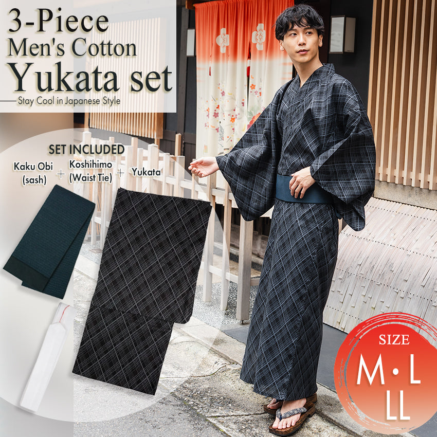 Men's Yukata Cotton Coordinate Set For Beginners : Black with