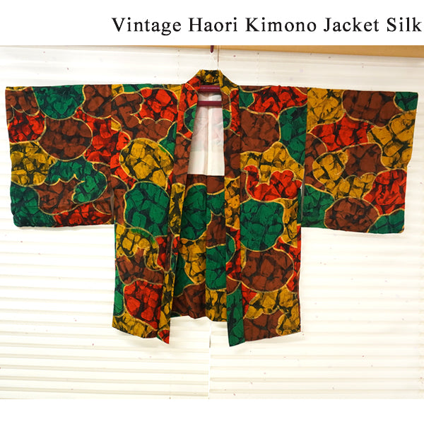 Vintage Haori Kimono Jacket Silk,red base, Colorful Unique Geometric  Pattern