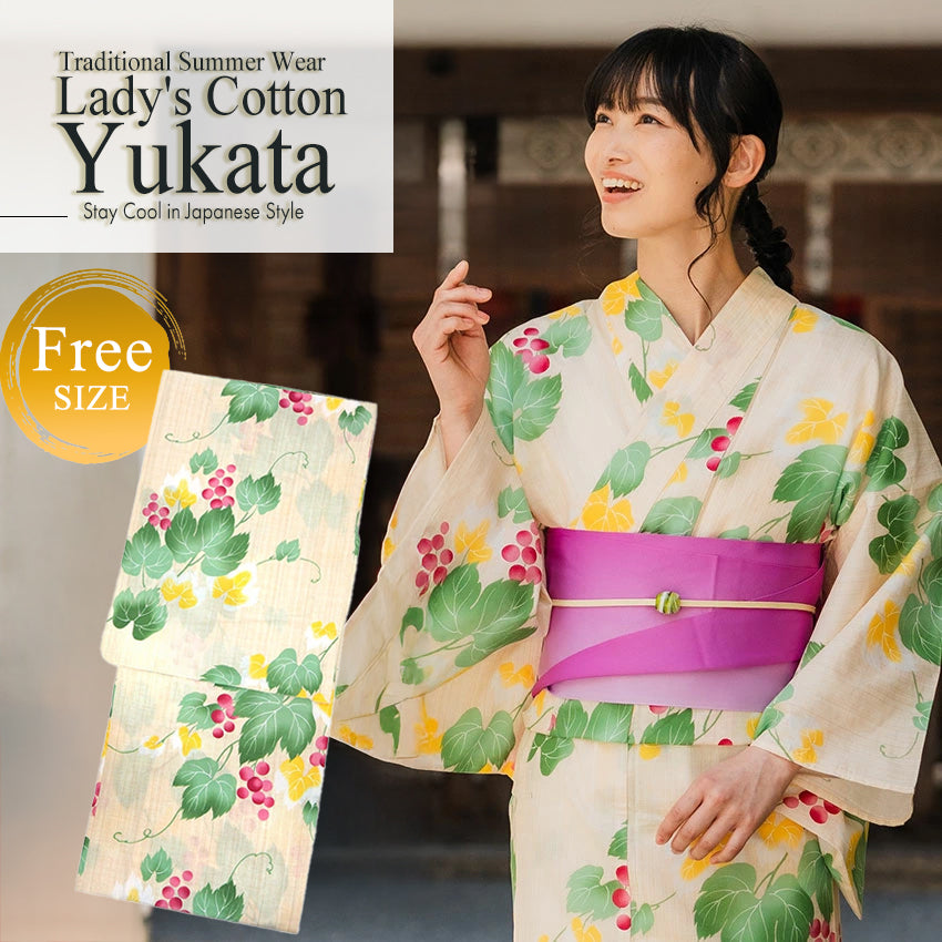 Women's Cotton Yukata, Casual Summer Kimono -Beige Base with Pink