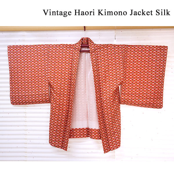 Vintage Haori Kimono Jacket Silk, Bold Red base, Butterflies