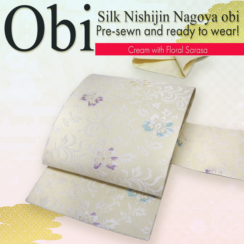 Silk Nishijin Nagoya Obi ,Cream with Floral Sarasa – Kyoto