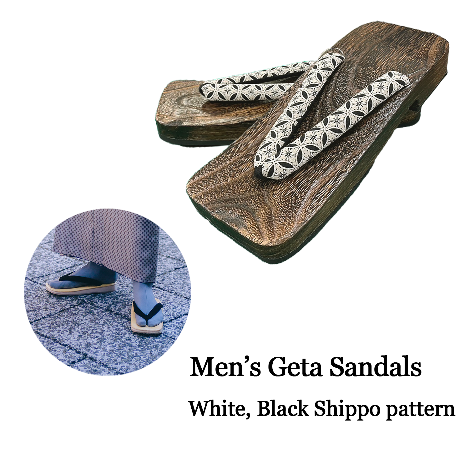 Men's Wooden Geta Sandals : White, Black Shippo – Kyoto Maruhisa USA