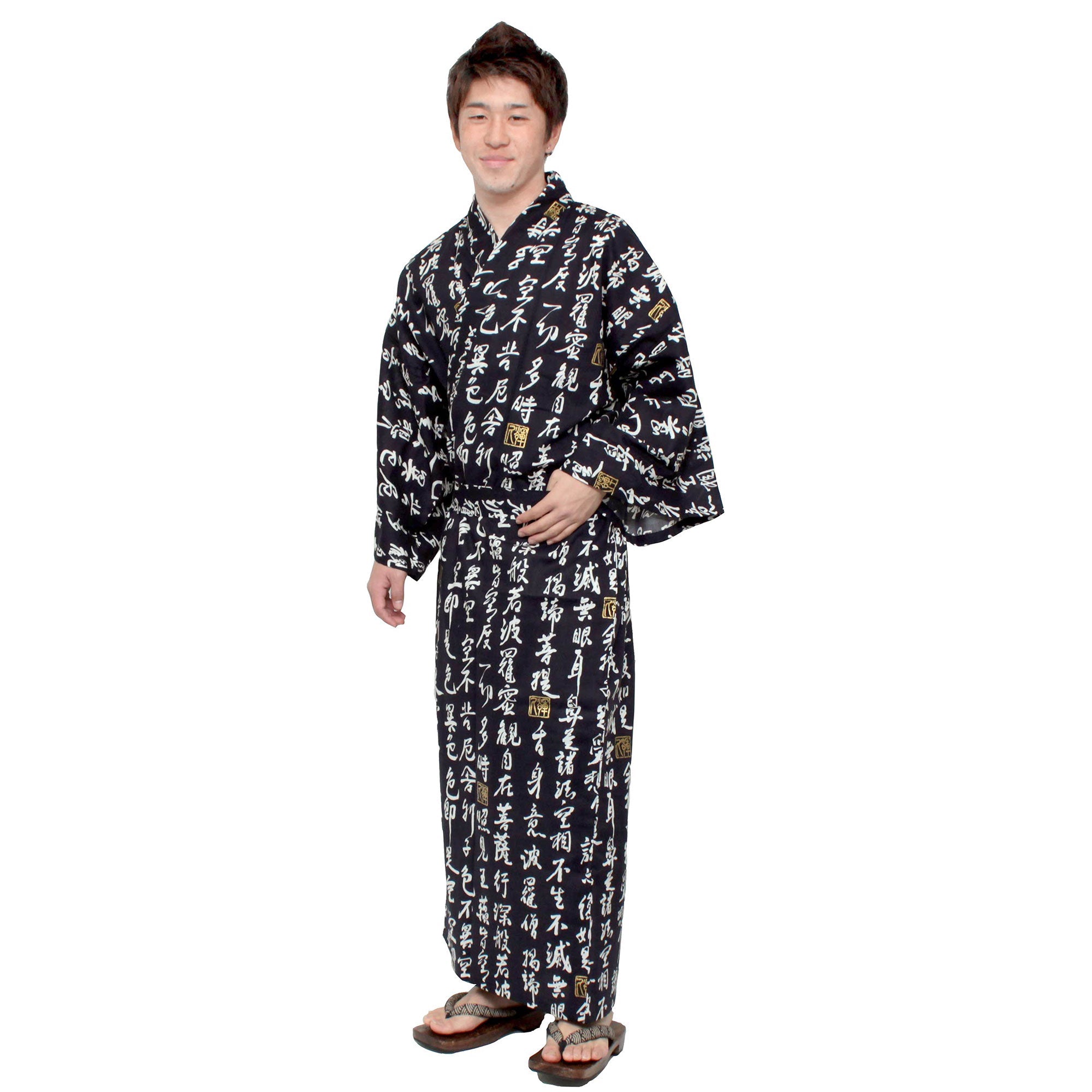 Men's Yukata Robe Japanese Summer Kimono "HANNYA" Sutra Black