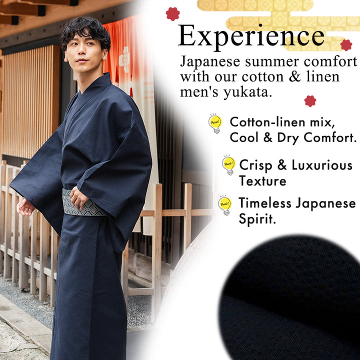Men's Yukata Cotton & Linen : Solid Navy Yukata