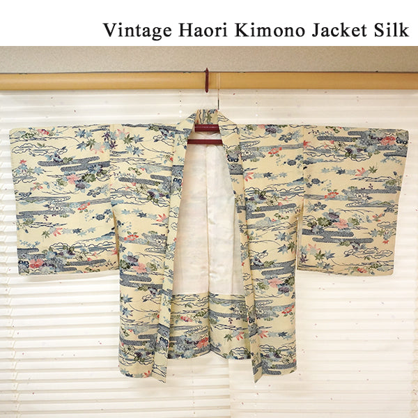 Vintage Haori Kimono Jacket Silk, Ivory Beige base, Clouds, Flowing Water, Maple Leaves & Mist Patterns
