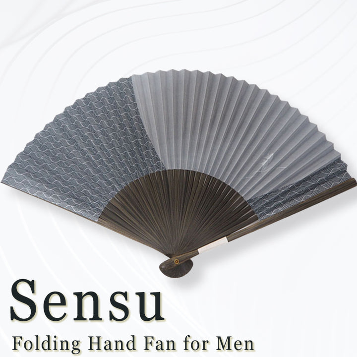 Folding Hand Fan for Men ,Surface Paper, Bamboo Frame, Gray base, A graceful sailboat rocking gently over stylized waves pattern
