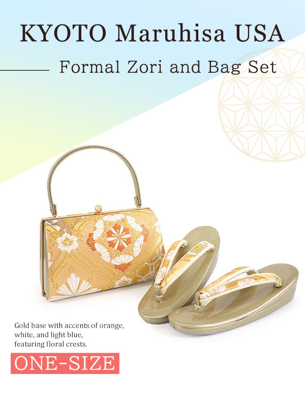 Formal Zori Sandals and Bag Set for TEA ceremony【Gold base with accents of orange, white, and light blue, featuring floral crests / ONE-SIZE】