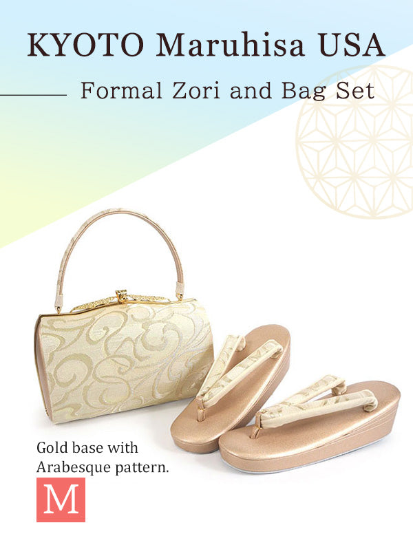 Formal Zori Sandals and Bag Set for TEA ceremony【Gold base with Arabesque pattern / M 】