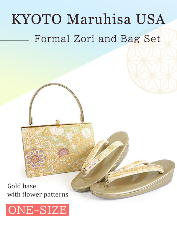 Formal Zori Sandals and Bag Set for TEA ceremony【Gold base with flower patterns / ONE-SIZE】