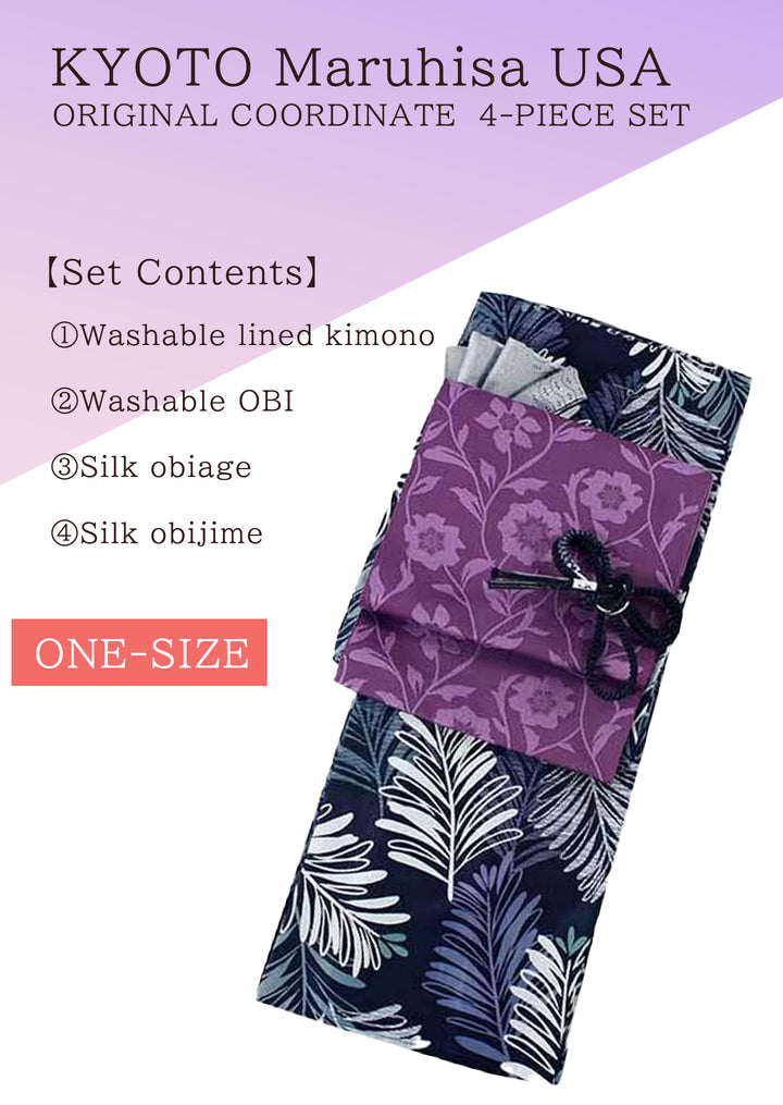 Washable Kimono tailored ORIGINAL COORDINATE ４PIECE-SET【ONE-SIZE】（kimono with leaves patterns.）