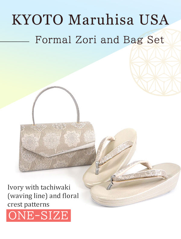 Formal Zori Sandals and Bag Set for TEA ceremony【Ivory with tachiwaki (waving line) and floral crest patterns / ONE-SIZE】