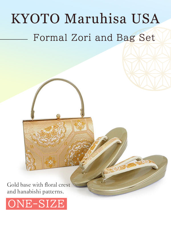 Formal Zori Sandals and Bag Set for TEA ceremony【Gold base with floral crest and hanabishi patterns / rectangle / ONE-SIZE】