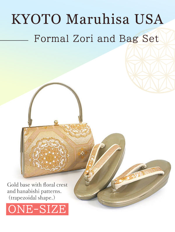 Formal Zori Sandals and Bag Set for TEA ceremony【Gold base with floral crest and hanabishi patterns / trapezoidal shape/ ONE-SIZE】