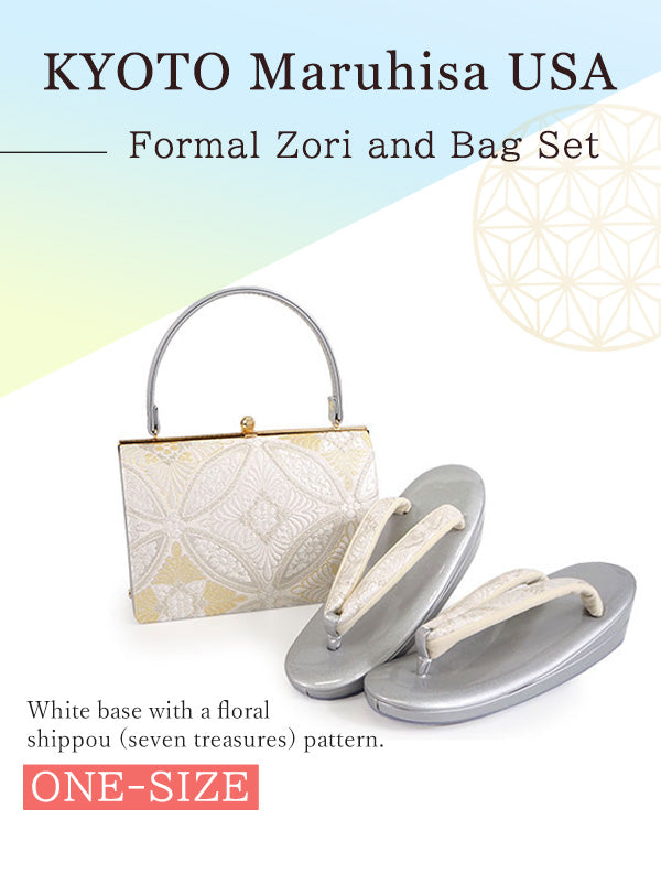 Formal Zori Sandals and Bag Set for TEA ceremony【White base with a floral shippou (seven treasures) pattern./ONE-SIZE】