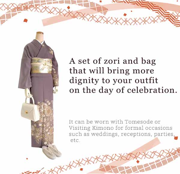 Formal Zori Sandals and Bag Set for TEA ceremony【Beige and Gold / White and Silver】