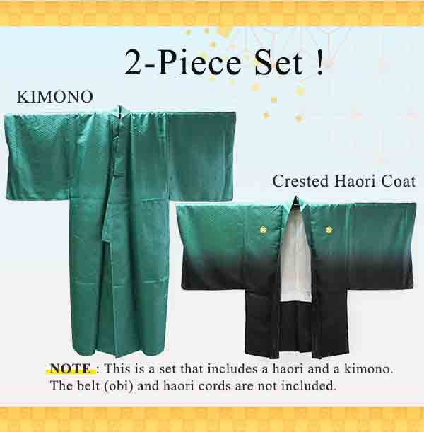 Men's Formal Kimono and Crested Haori Coat 2-Piece Set ＜Green