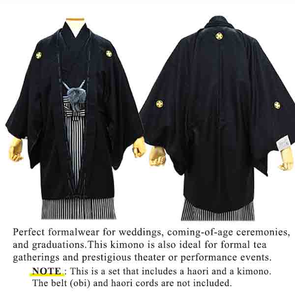 Men's Formal Kimono and Crested Haori Coat 2-Piece Set ＜Black