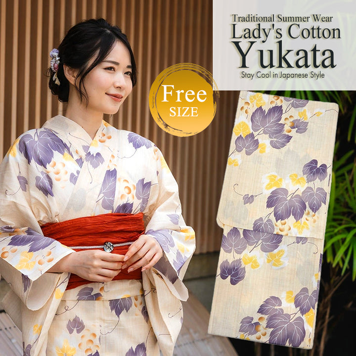 Women's Cotton Yukata, Casual Summer Kimono -Beige Base with Blown and yellow Grapes and Vines
