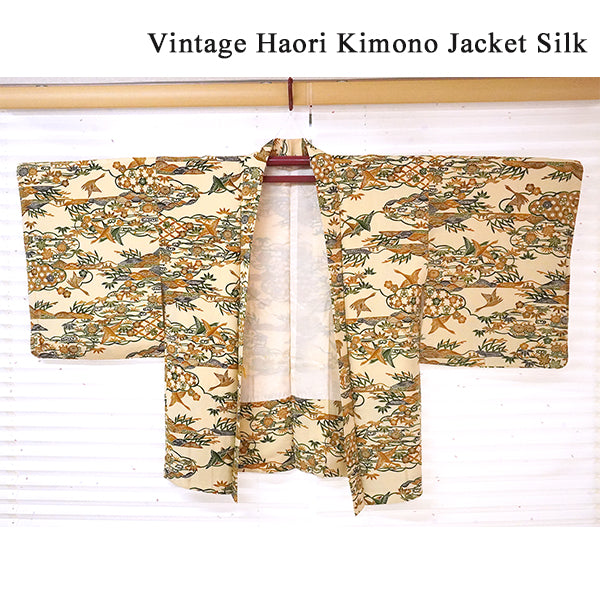Vintage Haori Kimono Jacket Silk, Beige base, Plum Blossoms and Scenic Landscape