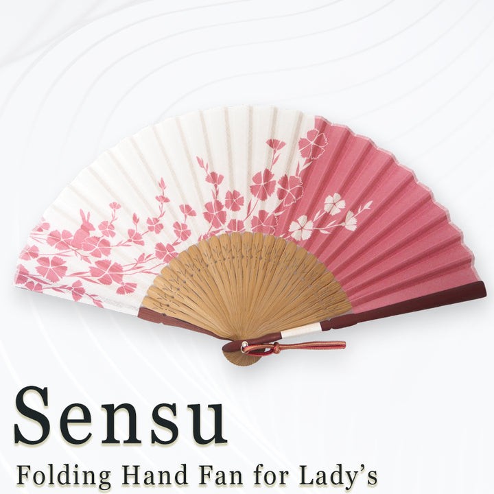 Folding Hand Fan for Lady's ,Surface Cotton, Bamboo Frame, Pink (white & deep pink with pinks and hidden rabbits, slightly sheer)
