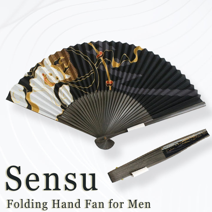 Folding Hand Fan for Men, Paper Fabric ,Bamboo Frame, Black base, iconic Thunder Gods by Tawaraya Sotatsu
