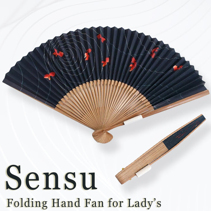 Folding Hand Fan for Lady's, Paper Fabric ,Bamboo Frame, Black base, goldfish and shimmering ripples design