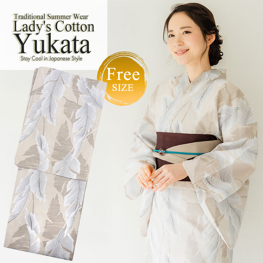 Women's Cotton Yukata, Casual Summer Kimono -Beige Base with large banana leaves (bashō) for a bold and tropical-inspired look.