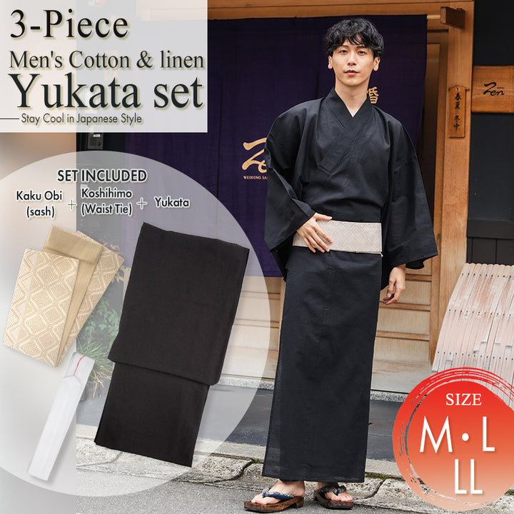 Men's Yukata Cotton & Linen Coordinate Set For Beginners : Solid Black Yukata
