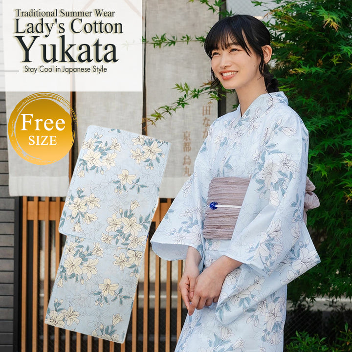 Women's Cotton Yukata, Casual Summer Kimono -Light Blue Base with Lily Pattern
