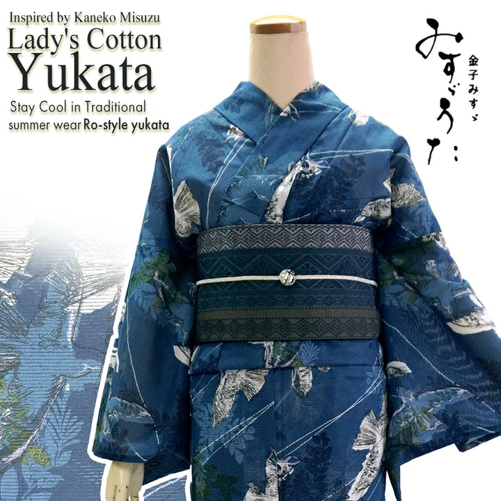 Lightweight Cotton Yukata for Women, Indigo base, Flowers Birds and leaves pattern– Inspired by Kaneko Misuzu’s Poetry, Summer Japanese Kimono Robe