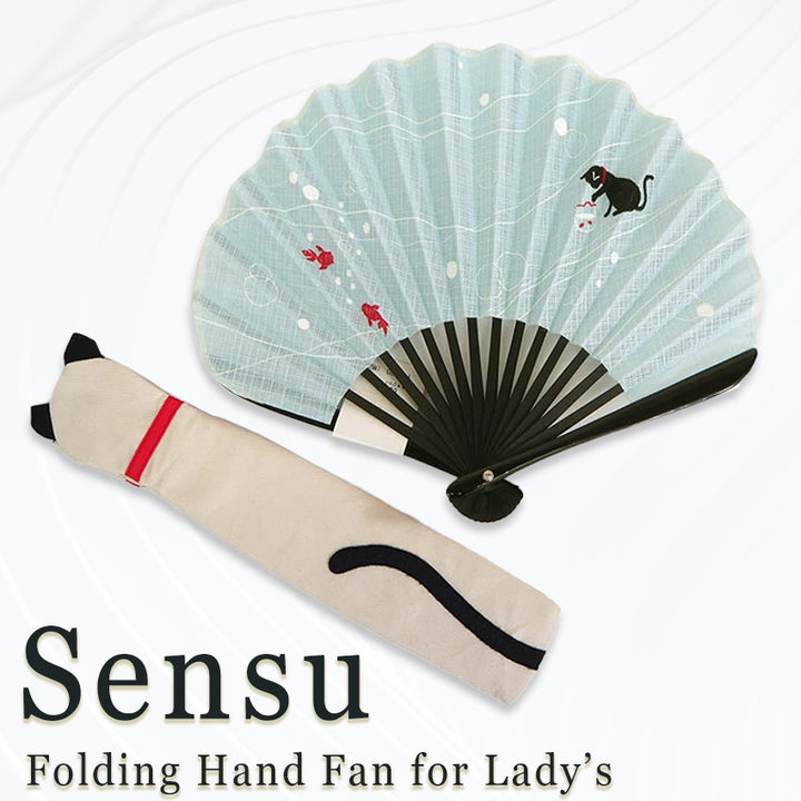 Folding Hand Fan for Lady's ,Surface Cotton, Bamboo Frame, Light Blue base with Cat peeking into a goldfish bowl
