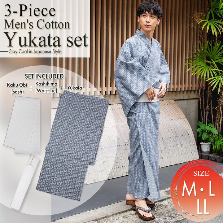 Men's Yukata Cotton Coordinate Set For Beginners : Blue-Gray with Geometric Design Yukata