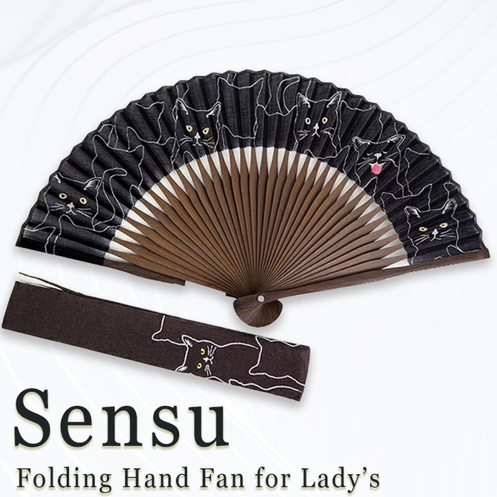 Folding Hand Fan for Lady's ,Surface Cotton, Bamboo Frame, Black base Singing Cat Pattern