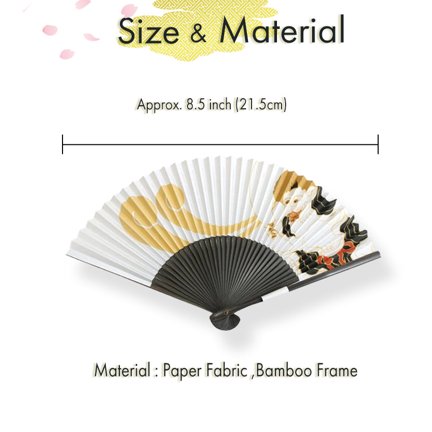 Folding Hand Fan for Men, Paper Fabric ,Bamboo Frame, White base, iconic Wind Gods by Tawaraya Sotatsu