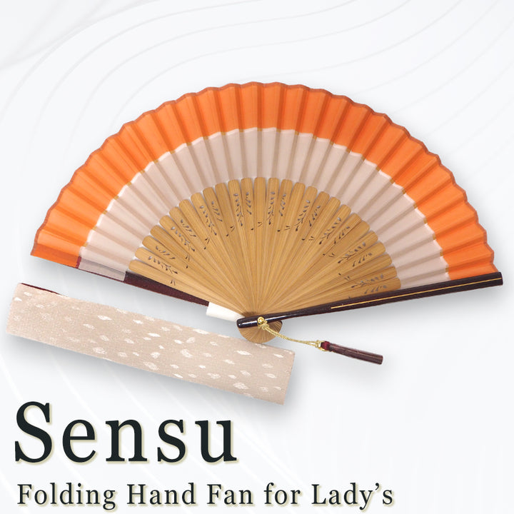 Folding Hand Fan for Lady's ,Surface Polyester, Bamboo Frame, Kinmokusei (rich persimmon orange & ivory beige)base
