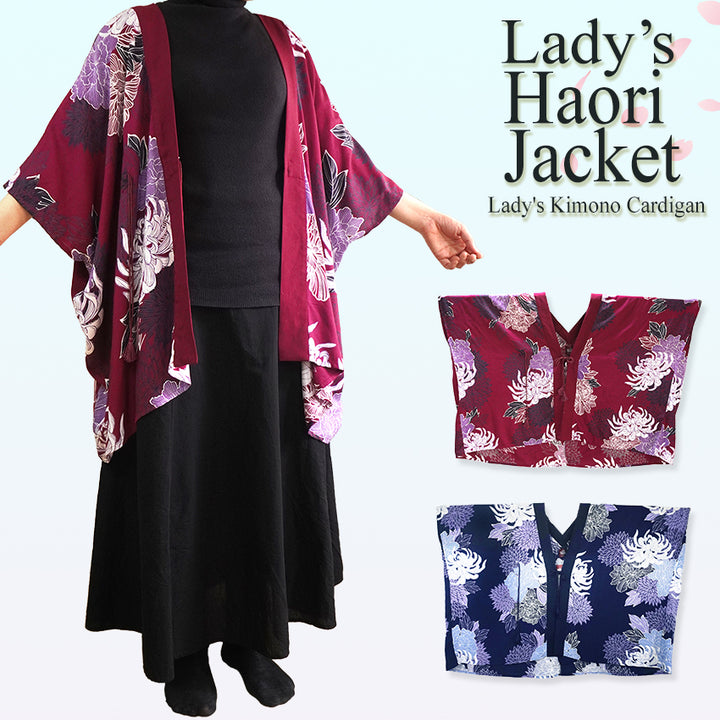 Lady's Haori , Kimono Cardigan -Navy, Dark red base –  Summer Chrysanthemum