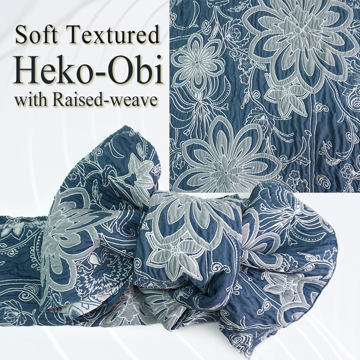 Soft Heko Obi - Lightweight Japanese Kimono Belt for Yukata or Casual Wear Blue Floral