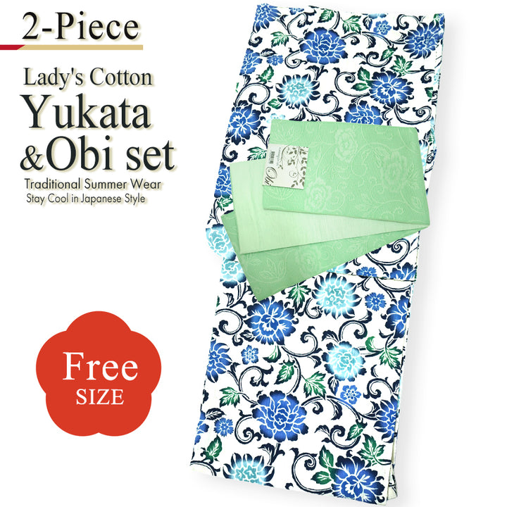 Women's Lightweight Cotton Yukata ＆Obi -2piece Coordinate set, Casual Summer Kimono  -Off-White Base with Blue, Green, and Navy Floral Arabesque