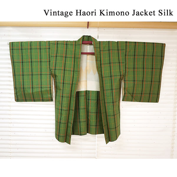 Vintage Haori Kimono Jacket Silk,Green base, Lattice Pattern