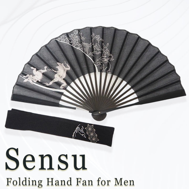 Folding Hand Fan for Men,Surface Cotton ,Bamboo Frame,  Beige base ,  “Chōjū-giga” animal caricatures  design