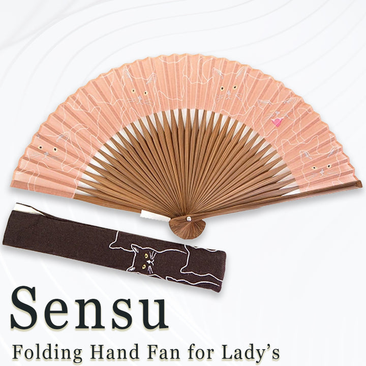 Folding Hand Fan for Lady's ,Surface Cotton, Bamboo Frame, Pink Beige base Singing Cat Pattern