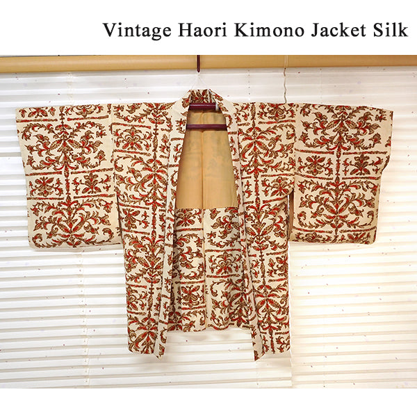 Vintage Haori Kimono Jacket Silk, Ivory base, Botanical Design
