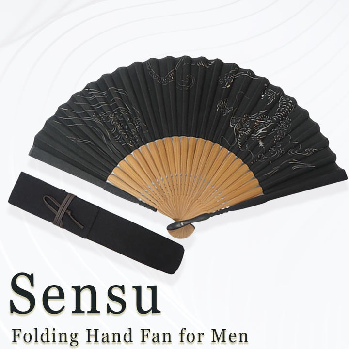 Folding Hand Fan for Men ,Surface Silk, Bamboo Frame,  Black base, Waves & Dragon Design