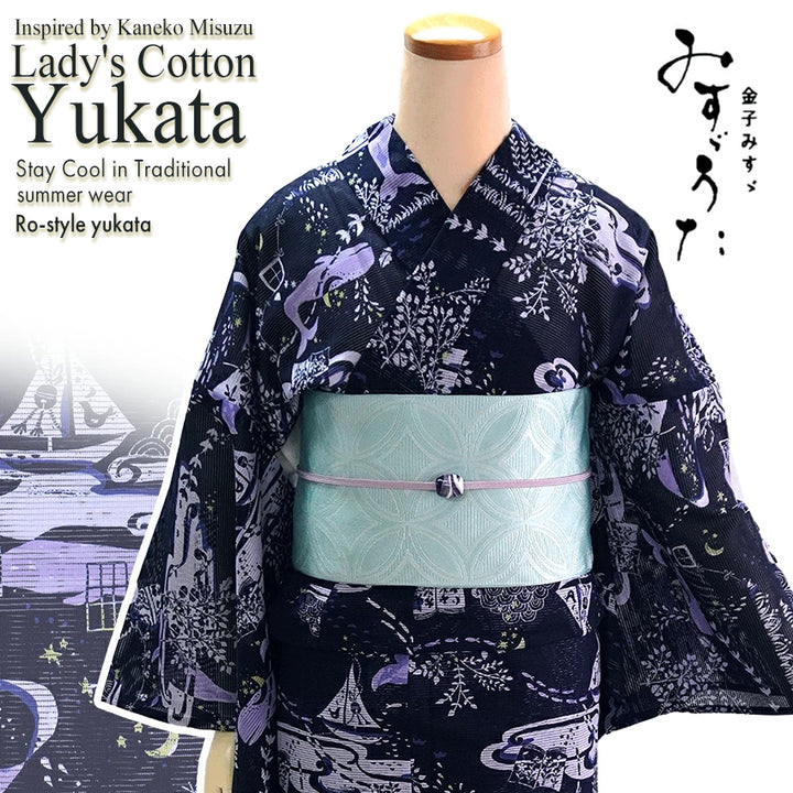 Lightweight Cotton Yukata for Women, Deep Indigo base, Whales, waves, stars, fish and birds pattern – Inspired by Kaneko Misuzu’s Poetry, Summer Japanese Kimono Robe