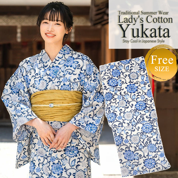 Women's Cotton Yukata, Casual Summer Kimono - White Base with Blue, Gray, and Navy Floral Arabesque