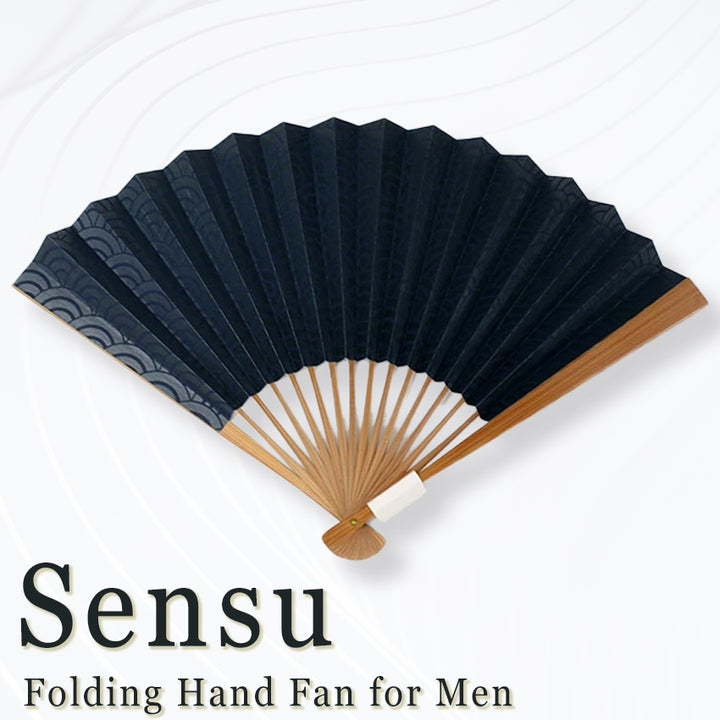 Folding Hand Fan for Men ,Surface Paper, Bamboo Frame, Deep blue base , Seigaiha (blue ocean waves) pattern