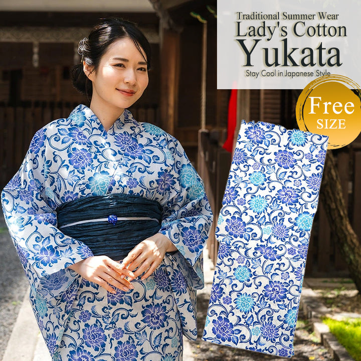 Women's Cotton Yukata, Casual Summer Kimono -White Base with Blue, Light Blue, and Blue-Violet Floral Arabesque
