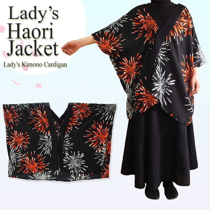 Lady's Haori , Kimono Cardigan , Black base – Evening Fireworks
