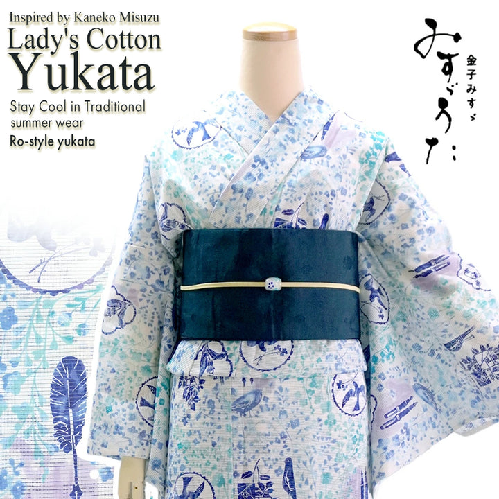 Lightweight Cotton Yukata for Women, Blue base, Bird, Bell pattern – Inspired by Kaneko Misuzu’s Poetry, Summer Japanese Kimono Robe
